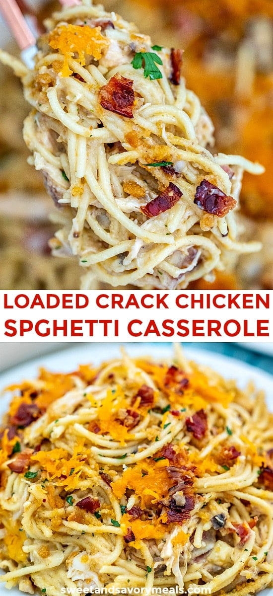 Crack chicken spaghetti casserole image for pinterest.