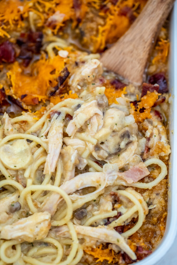 creamy Crack chicken spaghetti casserole dish