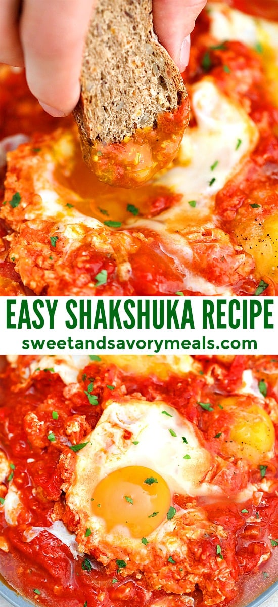 Shakshuka is a festive dish that has eggs on a bed of tomatoes! If you are bored with the usual egg recipes, then, try this quick and easy recipe! #shakshuka #breakfast #eggrecipes #healthyrecipes #sweetandsavorymeals