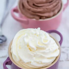 Whipped Cream is sweet, fluffy, and smooth! Learn how to make it at home using minimal ingredients. #whippedcream #cream #frosting #desserts #sweetandsavorymeals