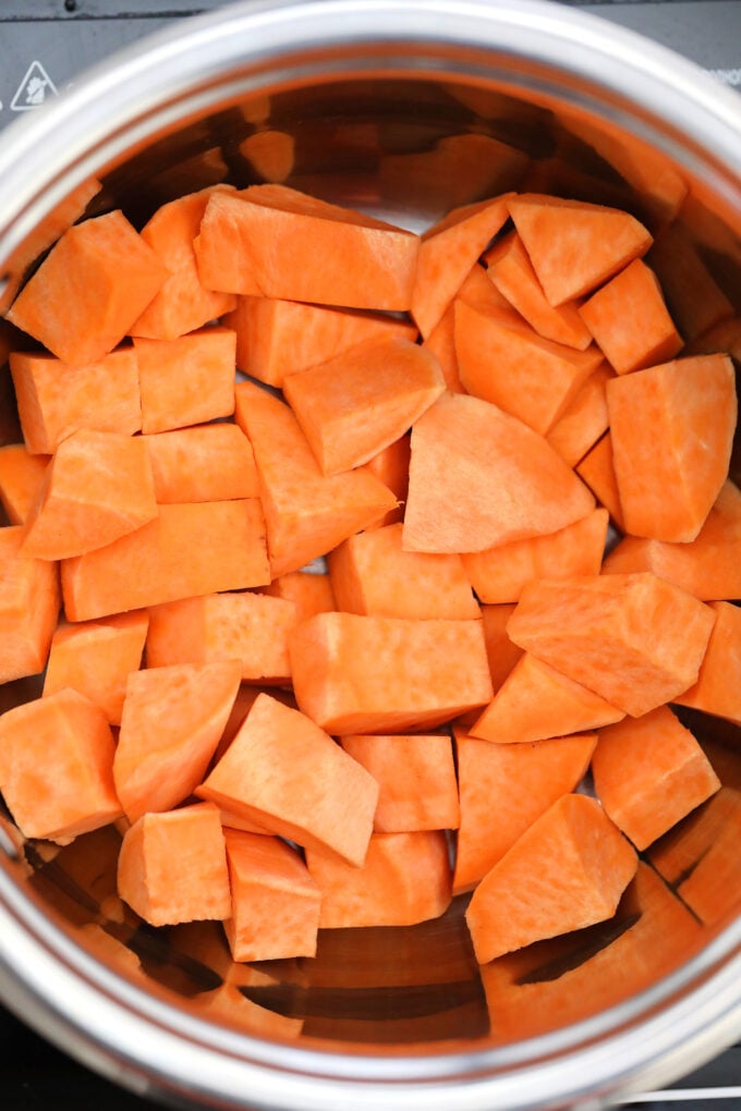 Picture of sliced sweet potatoes in a pot.