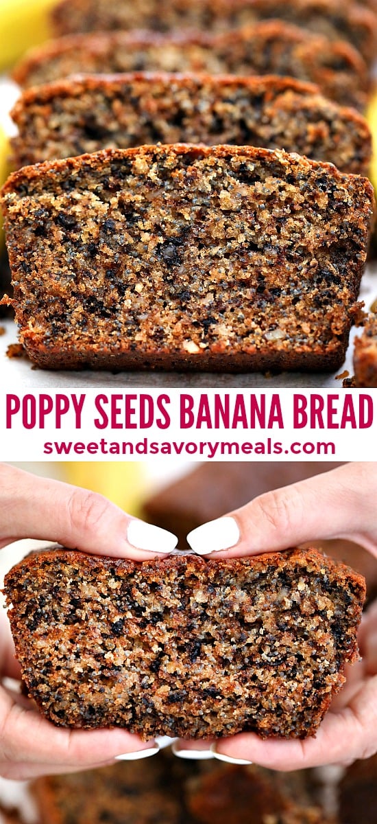 Poppy Seeds Walnut Banana Bread is soft, dense and full of flavor. This walnut banana bread is great as a snack, breakfast or dessert. #bananabread #bananas #desserts #sweetandsavorymeals #bananarecipes