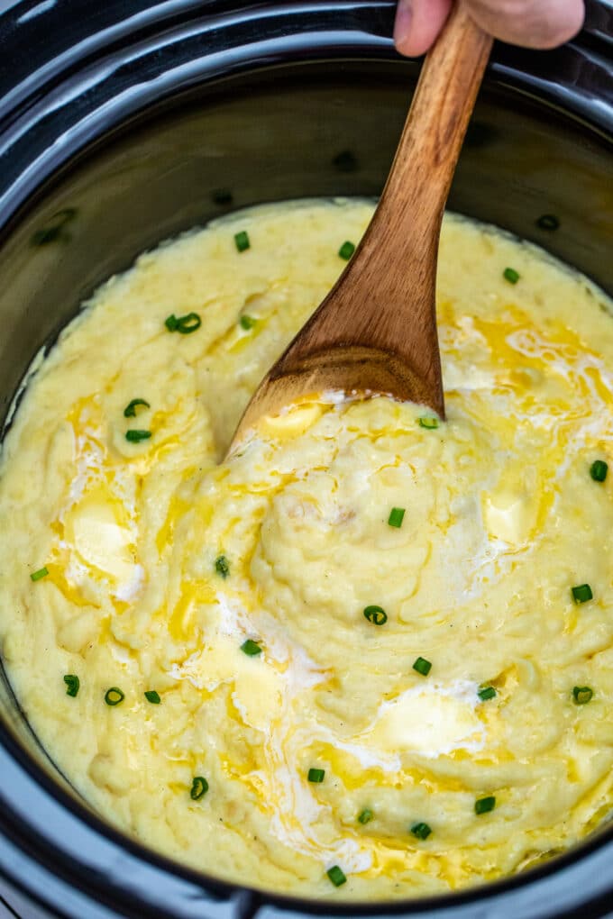 Creamy mashed potatoes with butter made in the crock pot