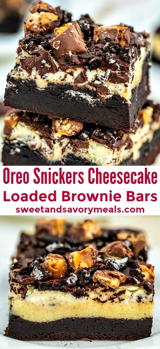 Picture of oreo snickers cheesecake brownie bars. 