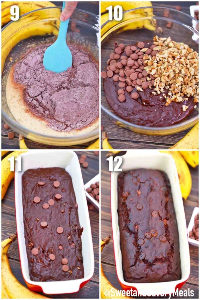 photo collage of steps how to make chocolate banana bread recipe