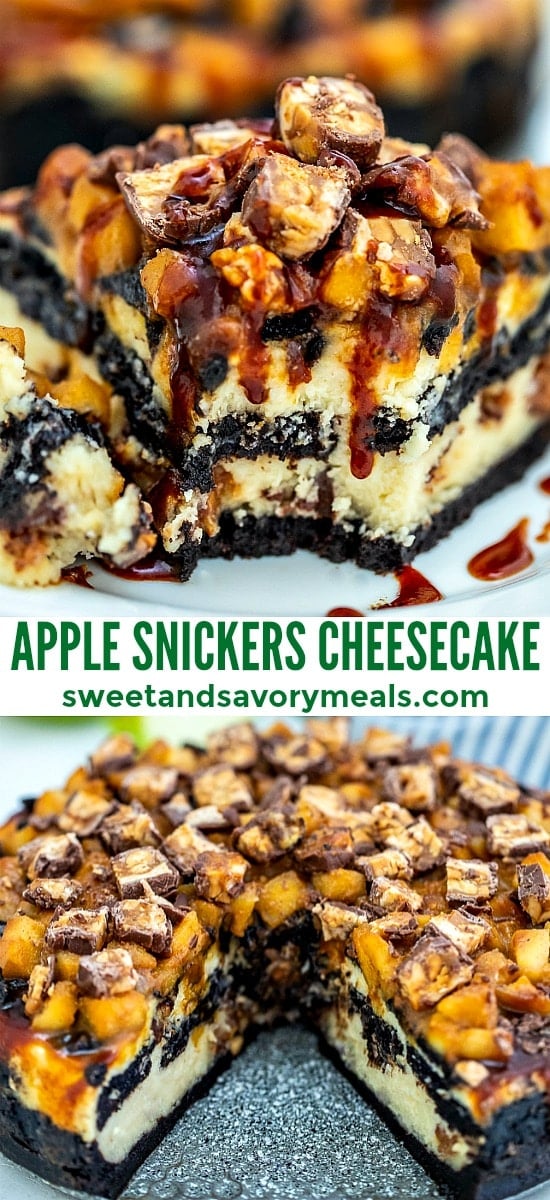 Apple Snickers Cheesecake is not your ordinary dessert! It has your favorite chocolate bar and fruit rolled into one unique and unforgettable cheesecake! #cheesecake #snickers #appledesserts #sweetandsavorymeals #halloweenrecipes