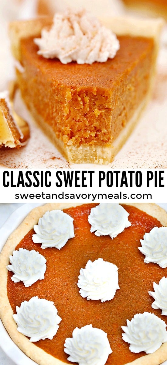 Sweet Potato Pie has a buttery crisp crust and creamy filling with nutmeg, cloves, ginger, and cinnamon. This is the perfect dessert to enjoy for Thanksgiving and Christmas. #thanksgivingrecipes #sweetpotatoes #sweetpotatopie #christmasrecipes #sweetandsavorymeals