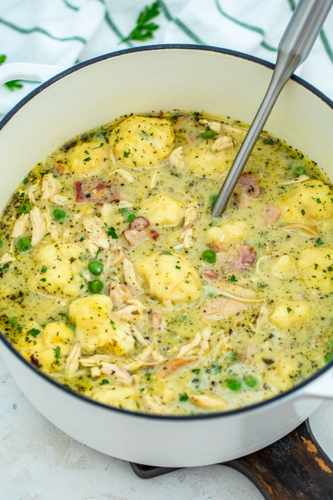 Photo of classic chicken and dumplings. 