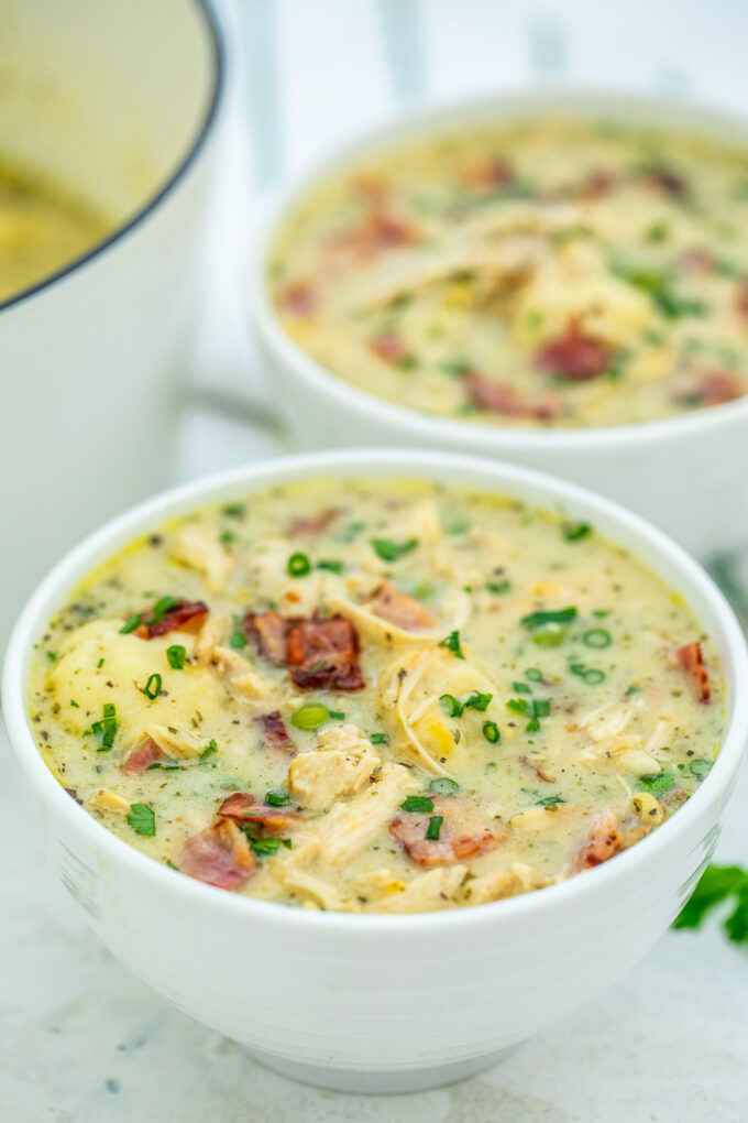 Crack chicken and dumplings in a white bowl photo.