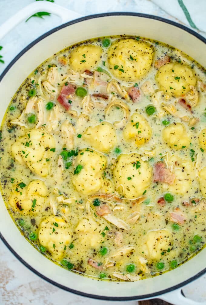 Image of chicken and dumplings in a dutch oven. 