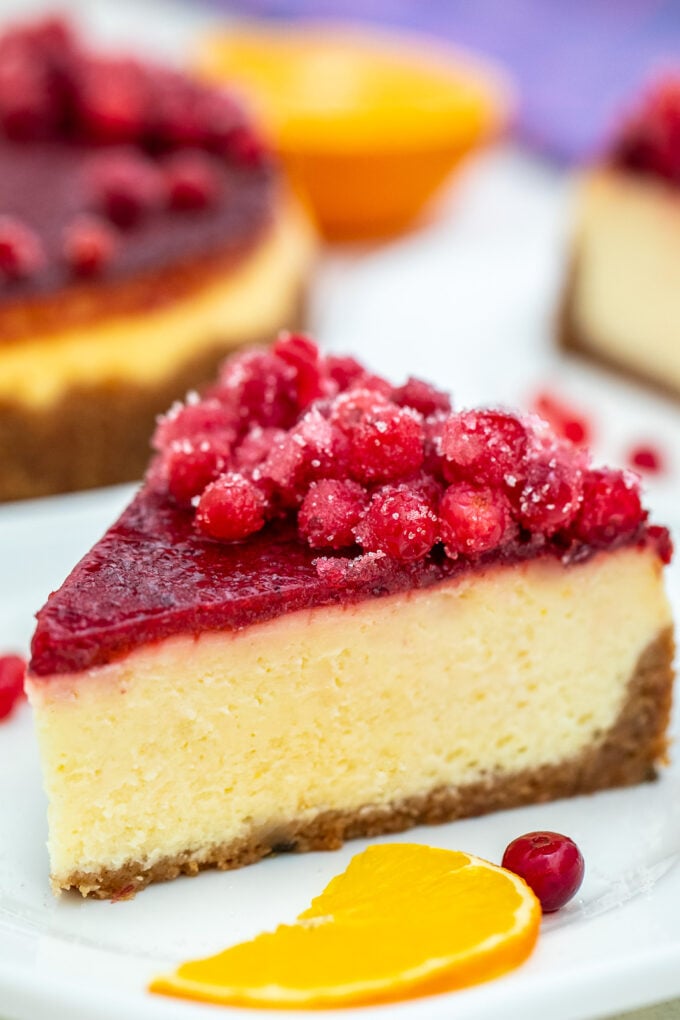Slice of cranberry cheesecake