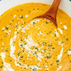 Creamy Sweet Potato Soup is an ideal comforting appetizer for your upcoming dinner party! It is light, with a sweet and savory note to it, making it the most flavorful and delicious soups! #sweetpotato #soup #fallrecipes #thanksgiving #sweetandsavorymeals