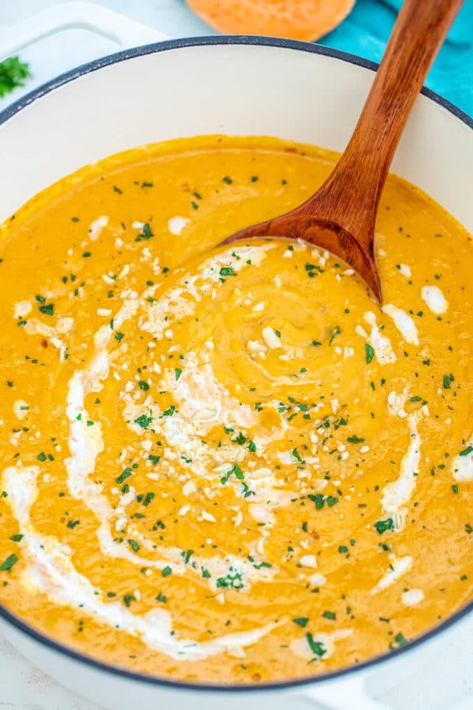 Creamy sweet potato soup in a pot
