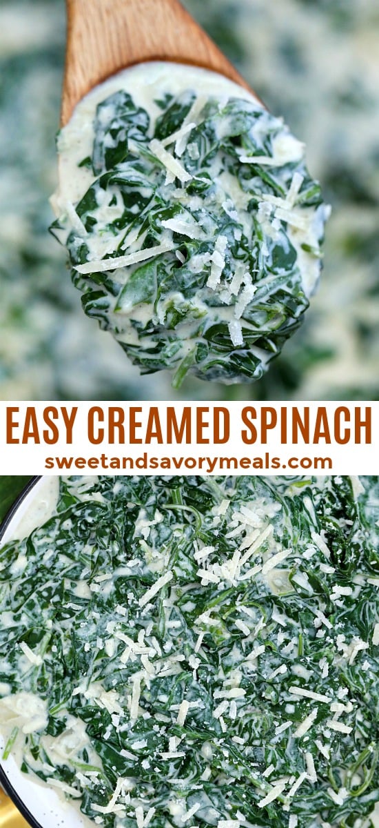 Creamed Spinach is creamy and cheesy making it a delectable side dish to savory entrees! It is a nice take on the leafy green that even kids will love! #spinach #creamedspinach #sidedish #thanksgiving #sweetandsavorymeals