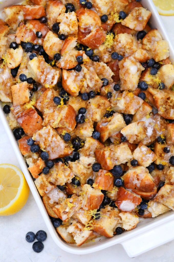 overhead shot of blueberry french toast casserole.