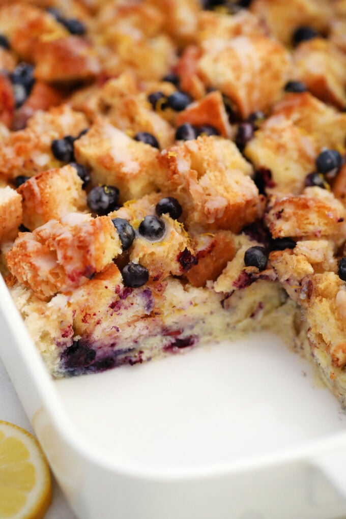 Blueberry french toast casserole with fresh blueberries and lemons zest