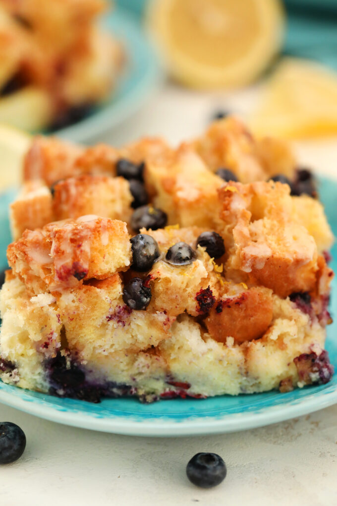 a slice of homemade breakfast blueberry french toast casserole