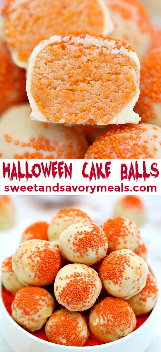 Halloween Cake Balls are a no-bake dessert that is fun and festive! Decorate them any way you like and surely, kids and adults alike will love them! #halloween #cakeballs #nobake #sweetandsavorymeals #fallrecipes