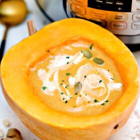 Instant Pot Pumpkin Soup makes for an easy and quick dish that is perfect for the chilly nights of autumn and winter! It is creamy, flavorful, and healthy! #pumpkinsoup #souprecipes #pumpkin #thanksgiving #sweetandsavorymeals #instantpot #pressurecooker