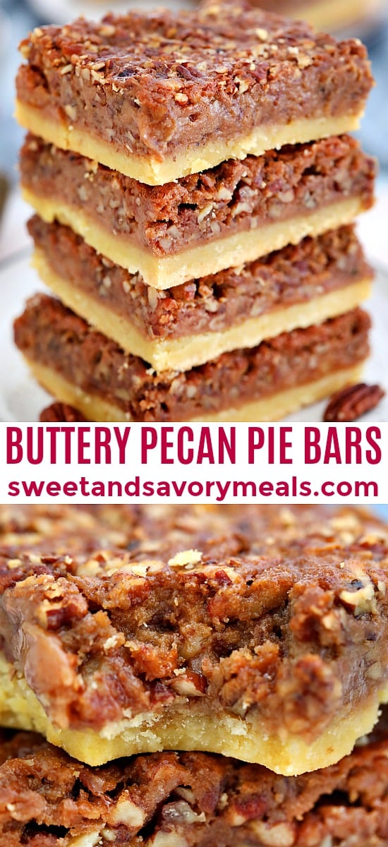 Pecan Pie Bars are sweet, nutty, crunchy and buttery! Serve this American favorite dessert at your Thanksgiving and Christmas gathering! #pecanpie #pecanpiebars #sweetandsavorymeals #pecans #thanksgivingrecipes #fallrecipes