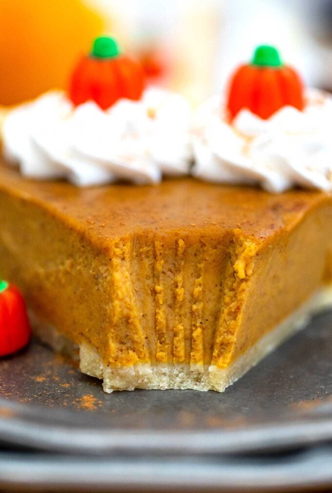 A slice of pumpkin pie on a plate