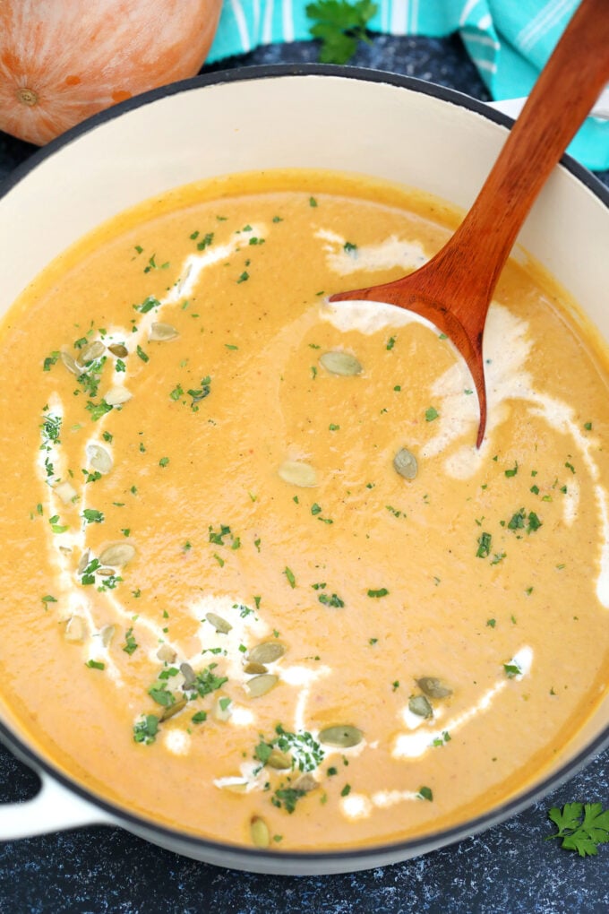 Creamy pumpkin soup in a pot