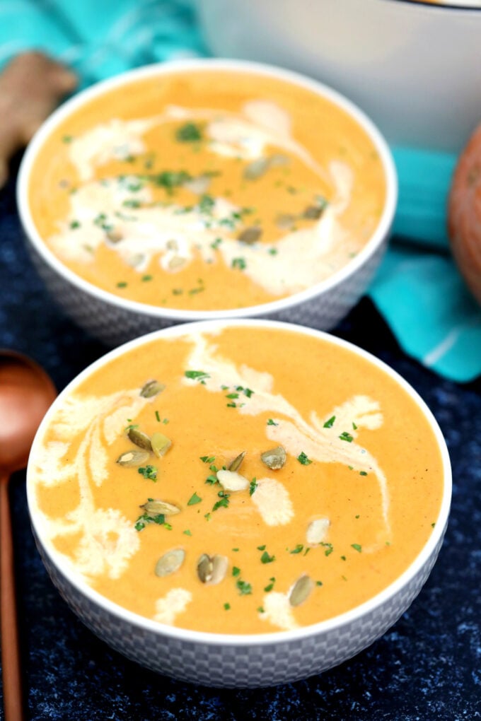 Roasted pumpkin soup in bowl