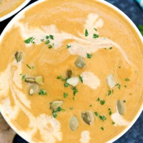 Pumpkin Soup is creamy, hearty, and perfect for fall! It is a classic dish that is comfortingly rich and deliciously spiced with fall flavors. #pumpkin #pumpkinsoup #soup #thanksgiving #sweetandsavorymeals