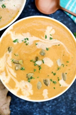 Pumpkin Soup is creamy, hearty, and perfect for fall! It is a classic dish that is comfortingly rich and deliciously spiced with fall flavors. #pumpkin #pumpkinsoup #soup #thanksgiving #sweetandsavorymeals