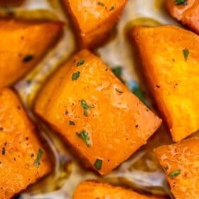 Roasted Sweet Potatoes are crispy on the outside and tender on the inside! Cooking this dish will only take 30 minutes making this a great dinner staple! #sidedish #sweetpotatoes #roastedsweetpotatoes #thanksgiving #sweetandsavorymeals