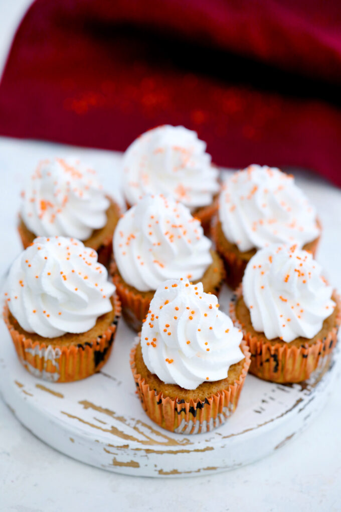 Sweet Potato Pie Cupcakes are the perfect seasonal dessert for fall parties and Thanksgiving! The cupcakes are moist and full of fall flavors and spices! #sweetpotatoes #cupcakes #sweetpotatopie #thanksgiving #sweetandsavorymeals