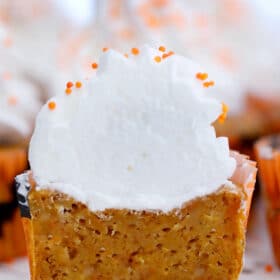 Sweet Potato Pie Cupcakes are the perfect seasonal dessert for fall parties and Thanksgiving! The cupcakes are moist and full of fall flavors and spices! #sweetpotatoes #cupcakes #sweetpotatopie #thanksgiving #sweetandsavorymeals