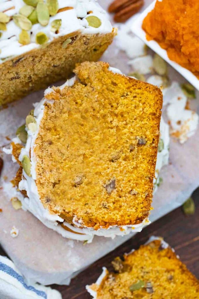 overhead shot of a slice of sweet potato bread