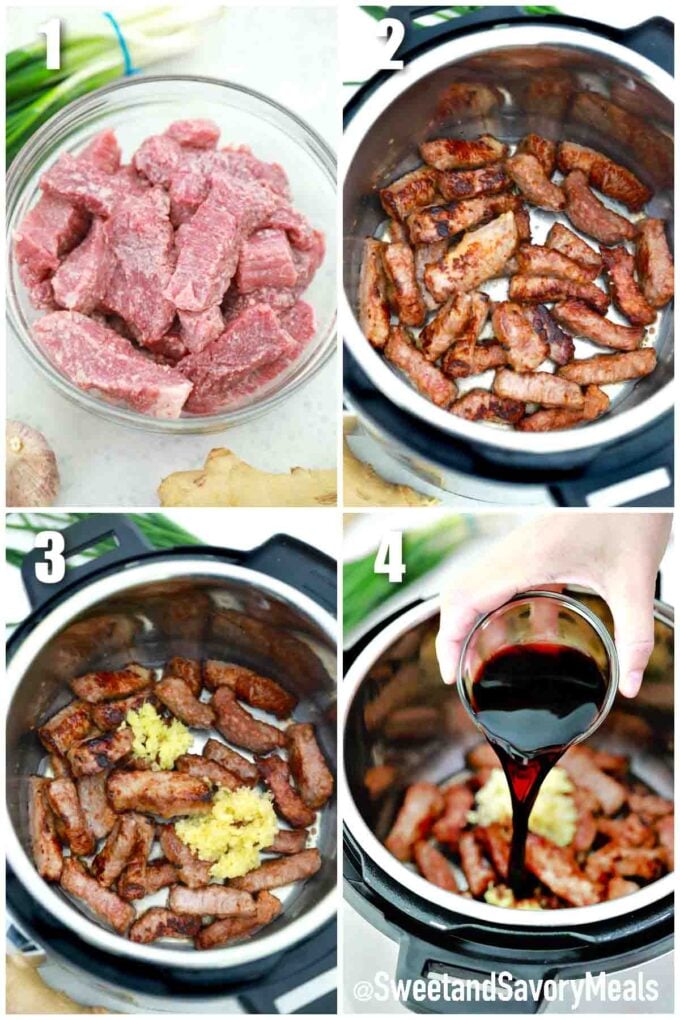 photo collage of steps how to make instant pot mongolian beef