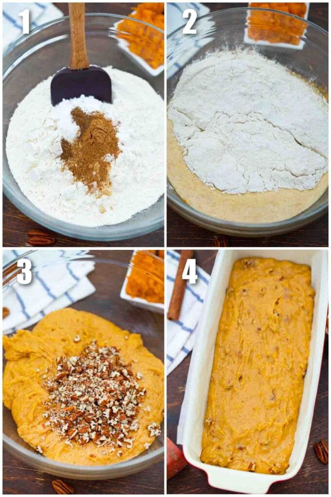 photo collage of steps how to make sweet potato bread