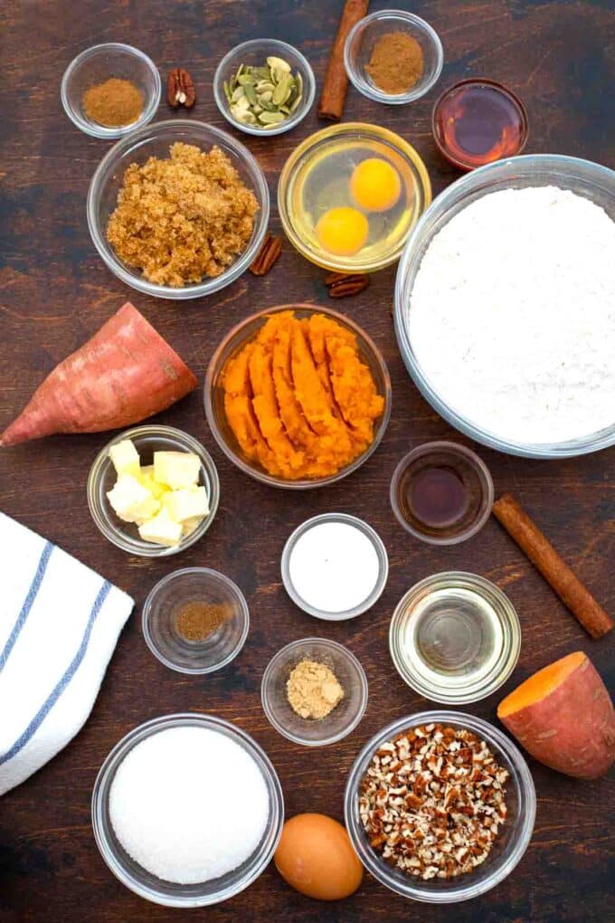 overhead shot of sweet potato puree sugar flour spices in bowls