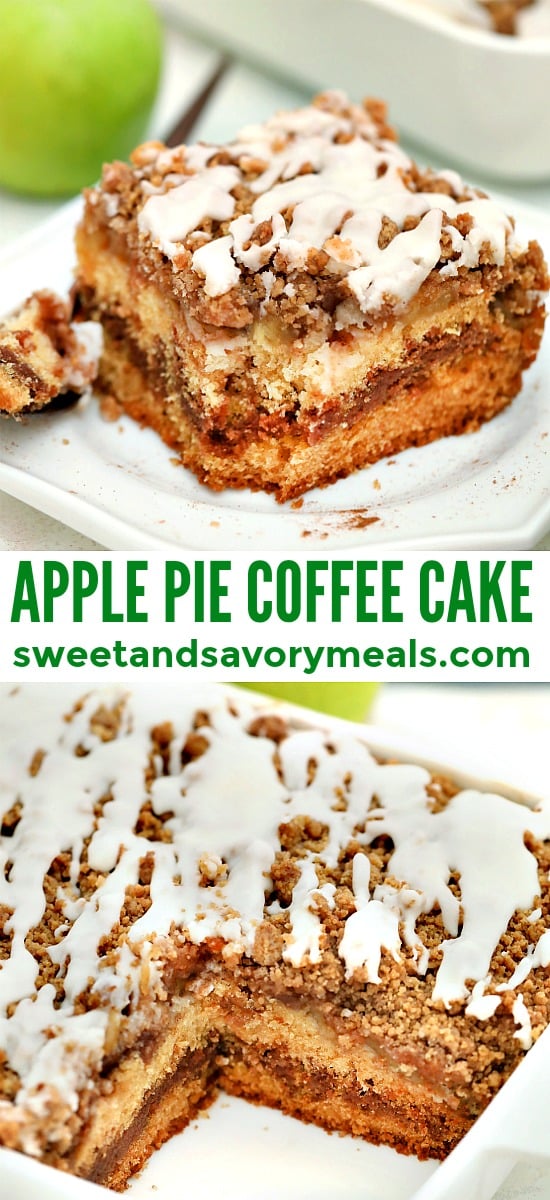 Apple Pie Coffee Cake is the perfect dessert for fall! It is dense and flavorful, made with apple pie filling and a delicious cinnamon spice streusel! #coffeecake #applerecipes #fallrecipes #applepie #sweetandsavorymeals