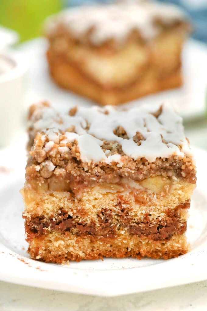 Apple Pie Coffee Cake is the perfect dessert for fall! It is dense and flavorful, made with apple pie filling and a delicious cinnamon spice streusel! #coffeecake #applerecipes #fallrecipes #applepie #sweetandsavorymeals
