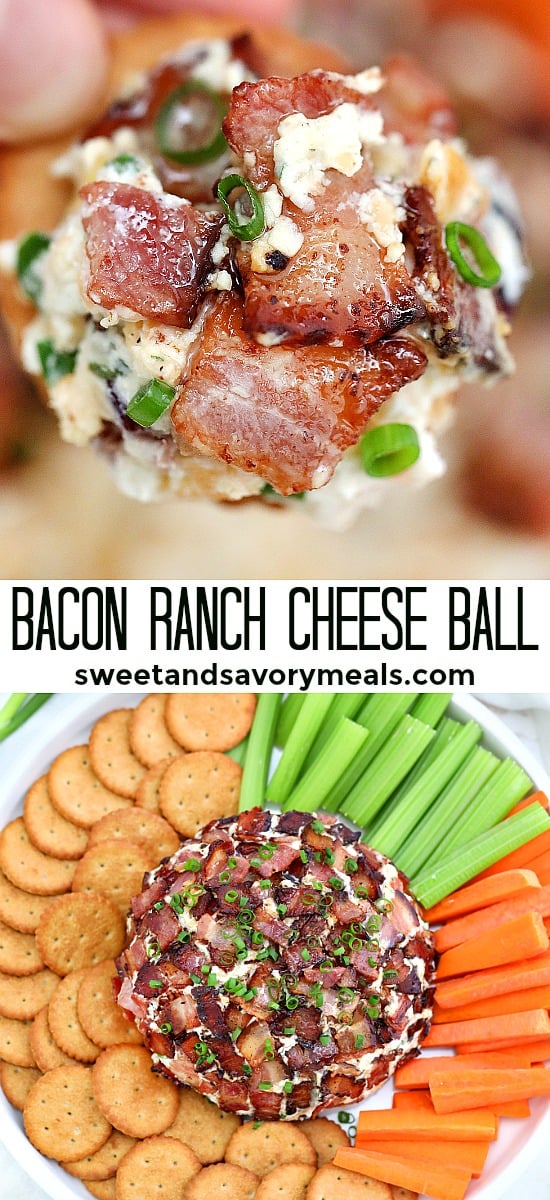 Bacon Ranch Cheese Ball is a creamy and flavorful ball of your favorite cheese combined with cream cheese and crispy bacon! #cheese #cheeseball #appetizers #baconranch #sweetandsavorymeals