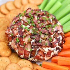 Bacon Ranch Cheese Ball is a creamy and flavorful ball of your favorite cheese combined with cream cheese and crispy bacon! #cheese #cheeseball #appetizers #baconranch #sweetandsavorymeals
