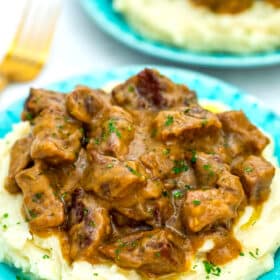 Beef Tips and Gravy is easily prepared on the stove with only a few basic ingredients but the result is tender meat in a thick savory sauce that everyone loves! #beeftipsandgravy #beefrecipes #beef #dinnerideas #sweetandsavorymeals