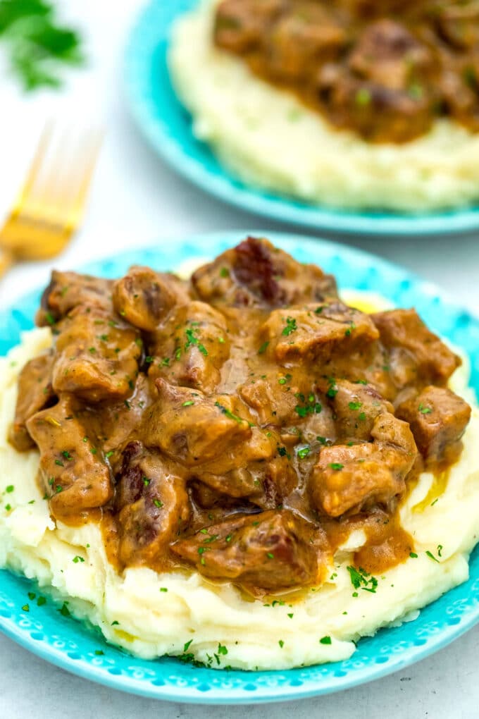 Beef Tips and Gravy is easily prepared on the stove with only a few basic ingredients but the result is tender meat in a thick savory sauce that everyone loves! #beeftipsandgravy #beefrecipes #beef #dinnerideas #sweetandsavorymeals