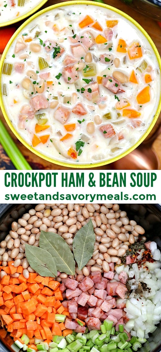 Slow Cooker Ham and Bean Soup smells divine as it simmers and it tastes just as amazing! #slowcooker #crockpotrecipes #hamandbeansoup #souprecipes #sweetandsavorymeals