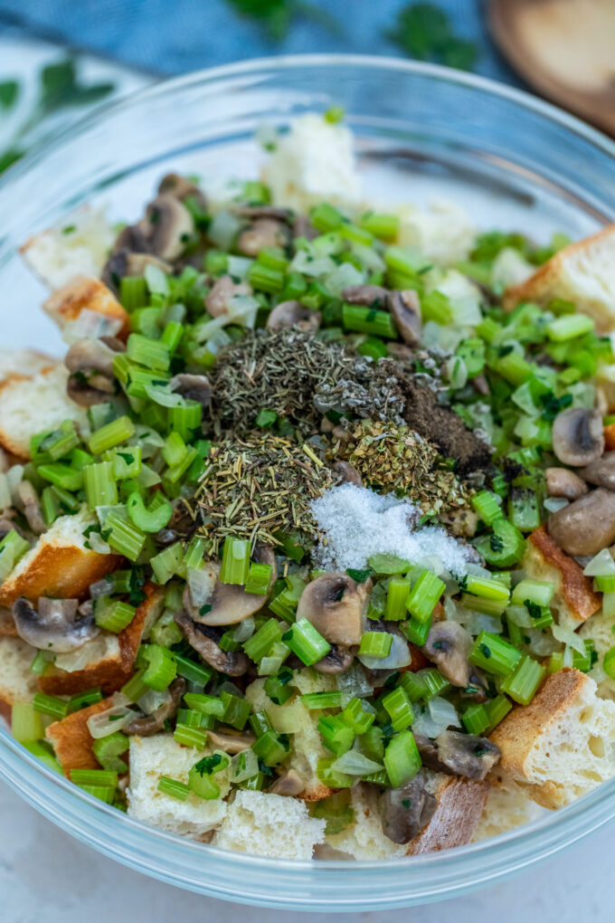 crockpot stuffing ingredients mixed in a bowl