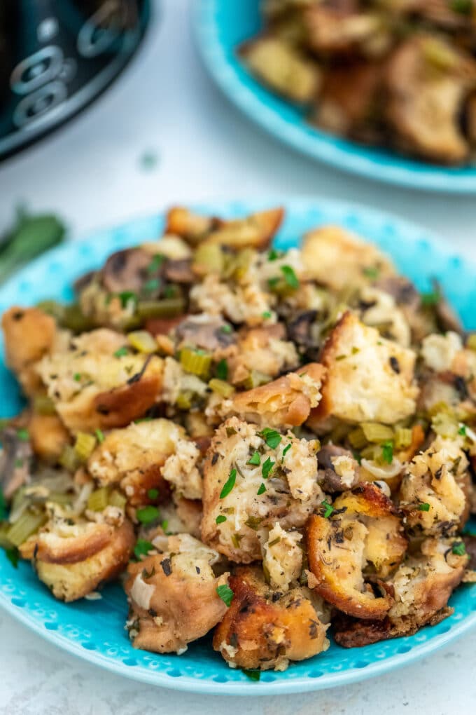 Homemade crockpot stuffing on a plate