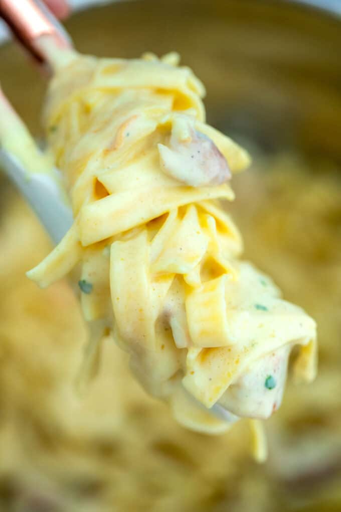 Instant Pot Chicken Alfredo is a classic favorite! Make this creamy dish at home using the trusty Instant Pot for a quick meal with minimal cleanup! #instantpot #pressurecooker #pastadinner #chickenalfredo #sweetandsavorymeals