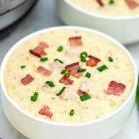 This recipe for Instant Pot Ham and Potato Soup can be completed in 30 minutes using the pressure cooker! #instantpot #pressurecooker #souprecipes #ham #sweetandsavorymeals