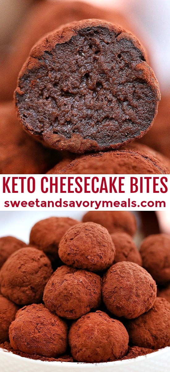 Keto Chocolate Cheesecake Bites are sweet mini desserts that are low carb, chocolaty and decadent! Enjoy this dessert guilt-free with this easy no-bake recipe! #keto #ketodesserts #cheesecake #sweetandsavorymeals #nobake