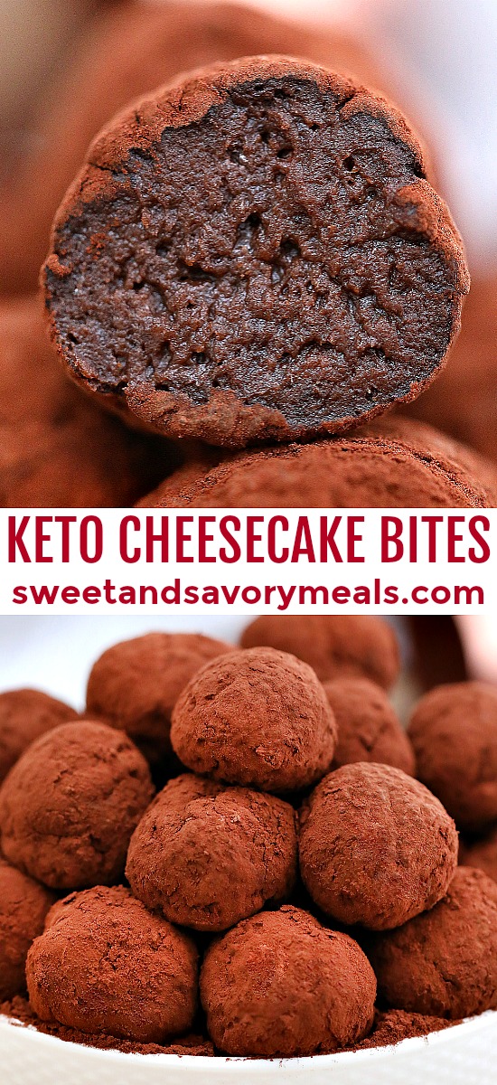 Keto Chocolate Cheesecake Bites are sweet mini desserts that are low carb, chocolaty and decadent! Enjoy this dessert guilt-free with this easy no-bake recipe! #keto #ketodesserts #cheesecake #sweetandsavorymeals #nobake