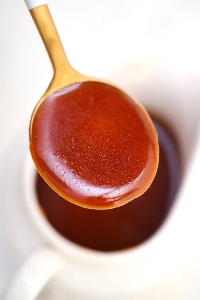 Keto Caramel Sauce is sweet, thick, and irresistible! Use this as topping on your favorite desserts minus the extra carbs! All it takes is 15 minutes! #keto #ketodesserts #ketocaramel #caramelsauce #sweetandsavorymeals